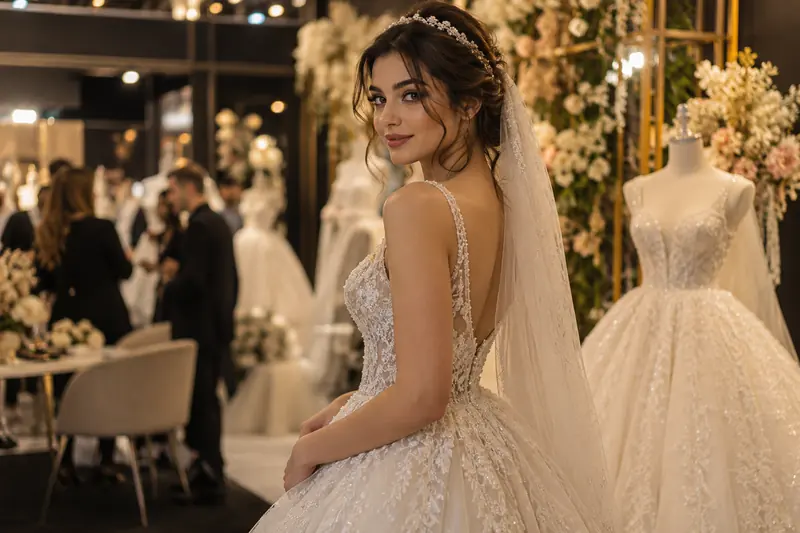 Yumuşak ışıkla aydınlatılan düğün fuarı standında gelinlik giyen bir model.