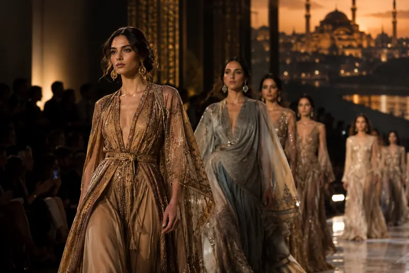 Moda fuarındaki defile podyumunda yürüyen modeller ve ön planda siluet halinde görünen izleyiciler