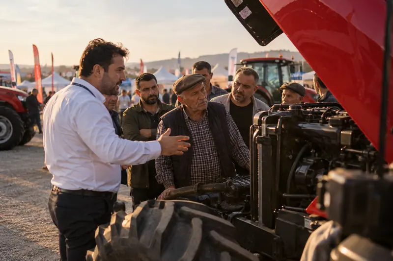 Açık havadaki tarım fuarında çiftçilere bir traktörü anlatan tanıtım görevlisi