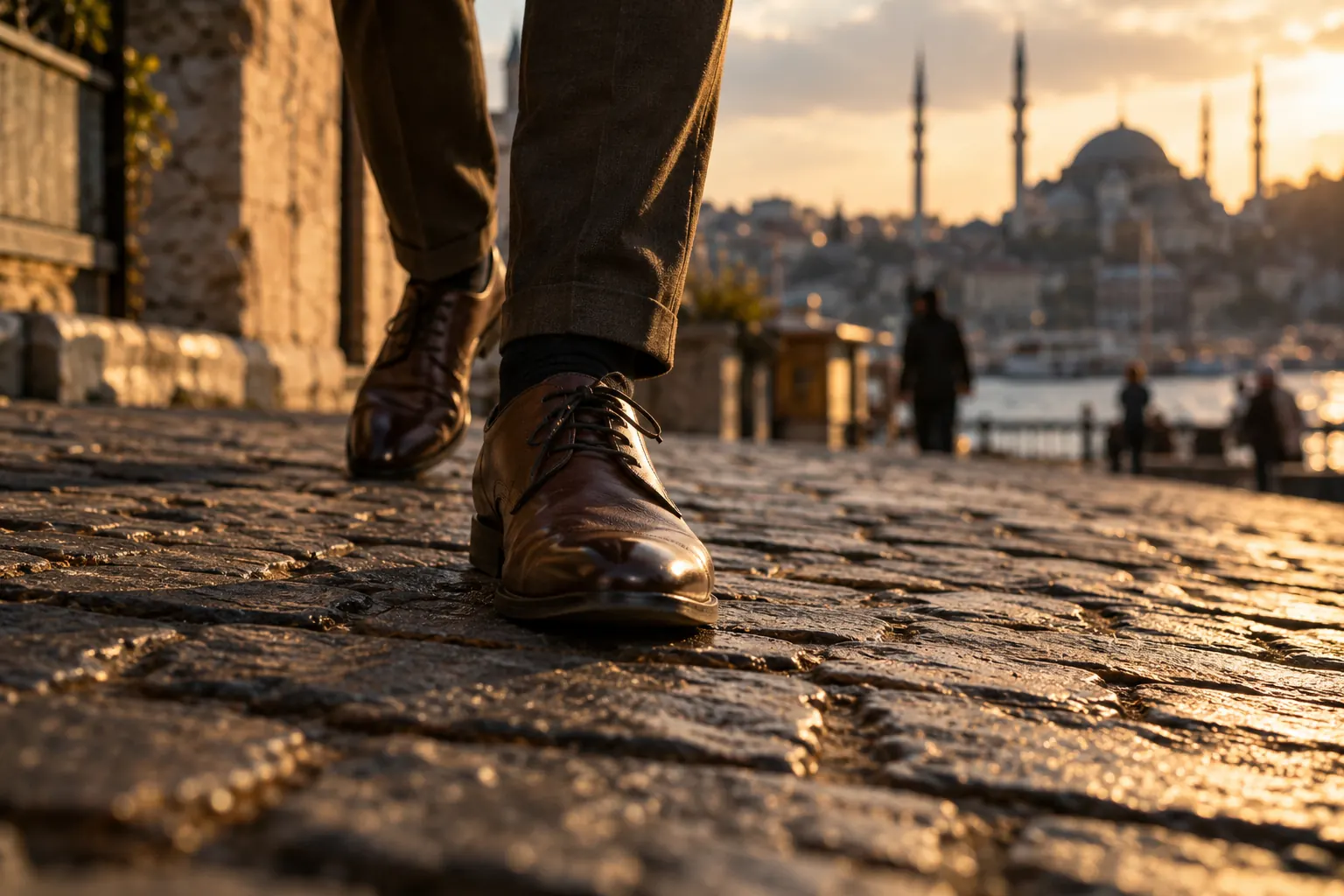 Arnavut kaldırımında deri ayakkabılarla yürüyen modelin ayaklarına yakın çekim yapan, çömelmiş fotoğrafçı.
