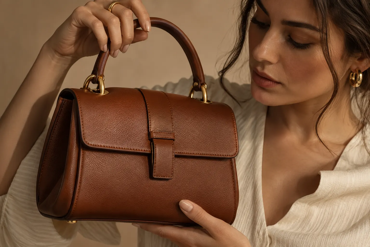 Bej stüdyo fonu önünde deri çanta tutan modelin elleri ve çantanın dokusu yakın planda görülüyor.