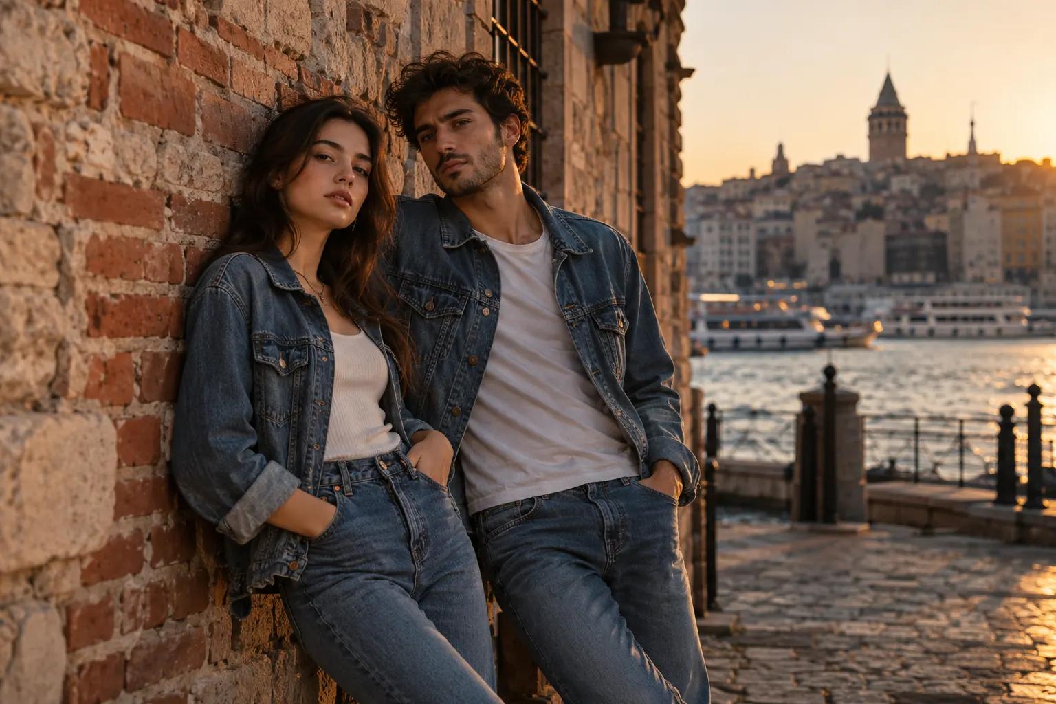 Karaköy’de grafitisiz tuğla duvara yaslanarak denim kombinleriyle poz veren genç modeller.