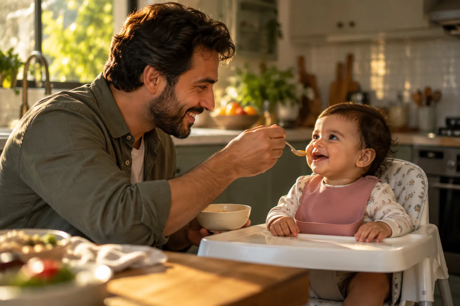 Güneşli bir mutfakta mama sandalyesindeki gülümseyen bebeğini besleyen baba.
