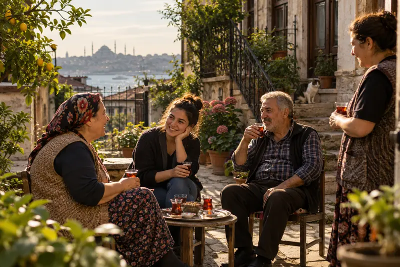Eski bir İstanbul evinin avlusunda sıcak öğleden sonra ışığında ince belli çay bardaklarıyla sohbet eden komşular.