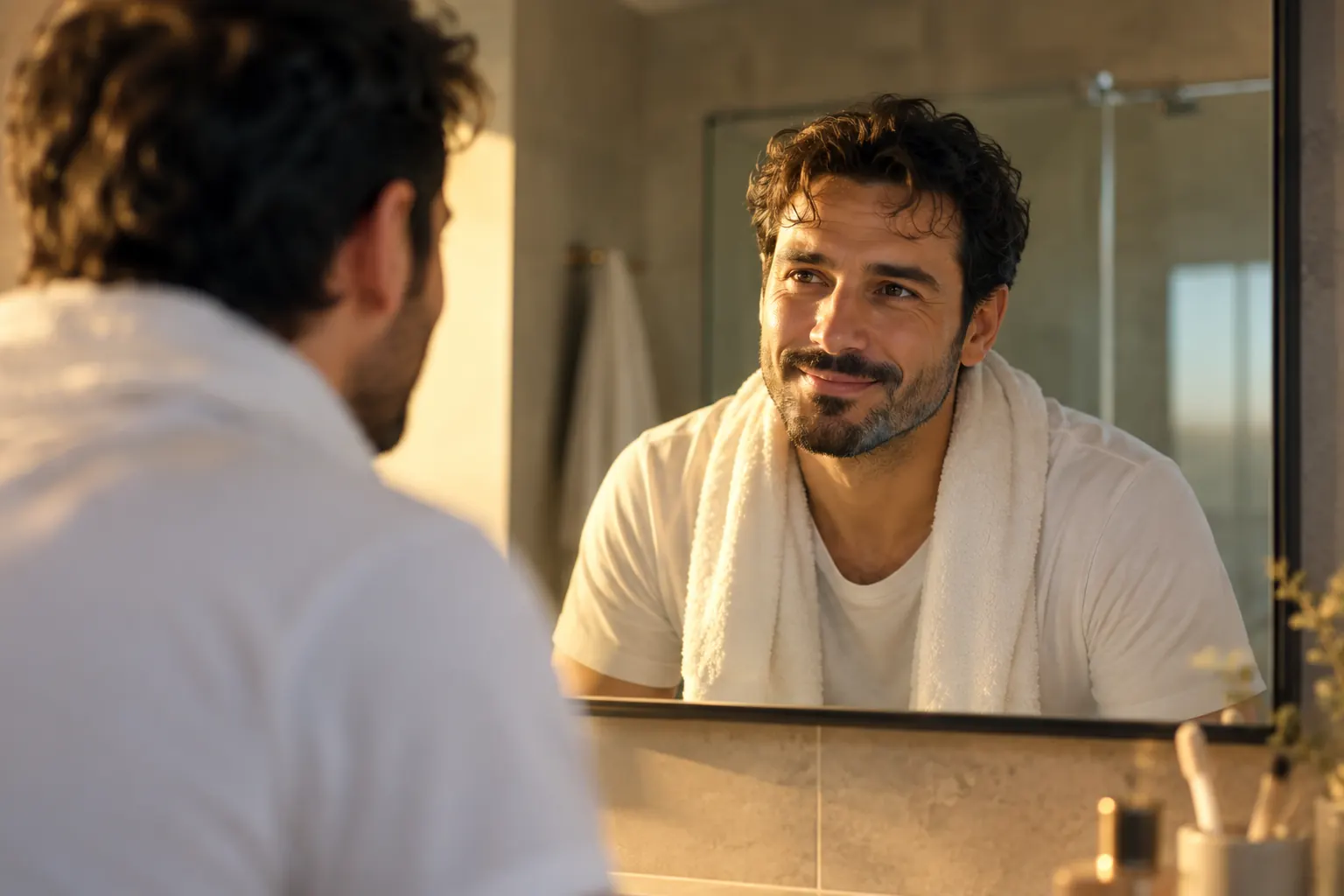 Otuzlu yaşlarında bir erkek sabah ışığında banyo aynasına bakarak gülümsüyor; sade dekor yumuşak ve dağılmış ışıkla aydınlanıyor.