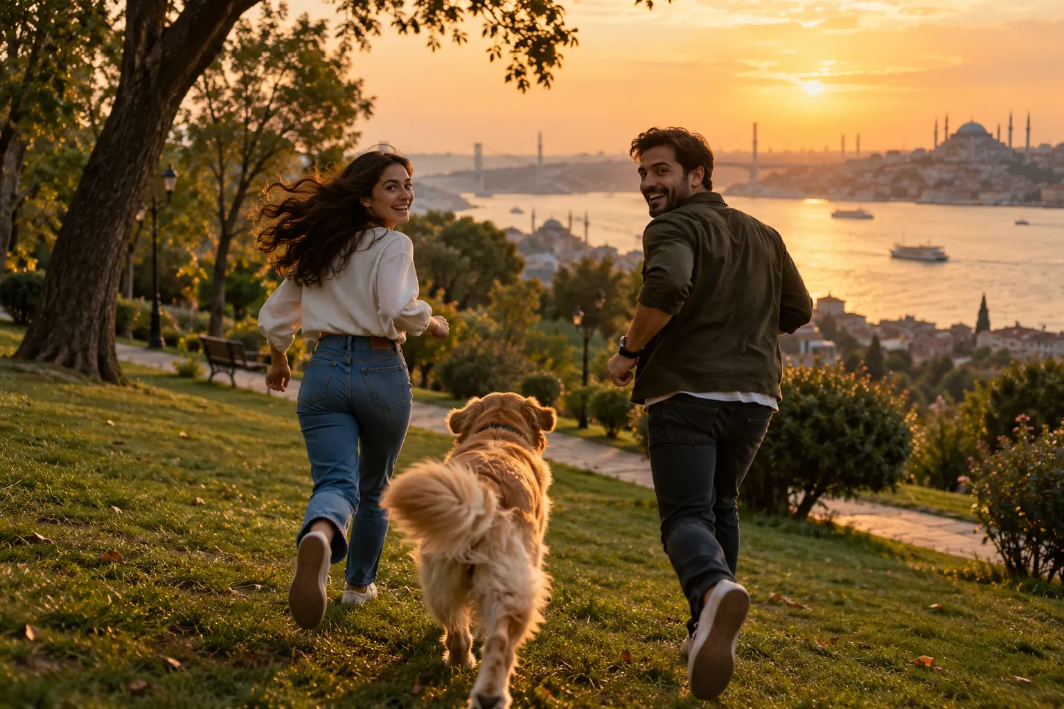 Genç Türk çift İstanbul’da bir parkta golden retriever cinsi köpekle koşuyor; kamera operatörü onları arkadan takip ediyor.