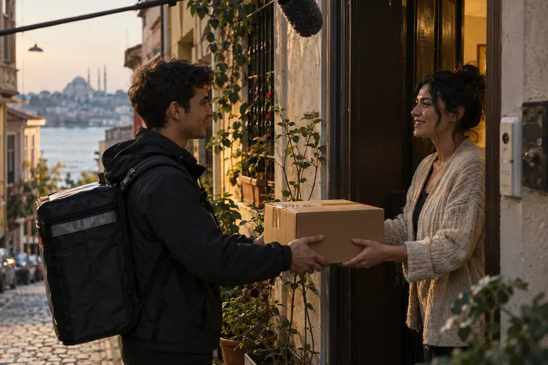 İstanbul’da bir ara sokaktaki apartman kapısında paket uzatan genç kurye ve görüntünün üst kenarında görünen uzatma mikrofonu.