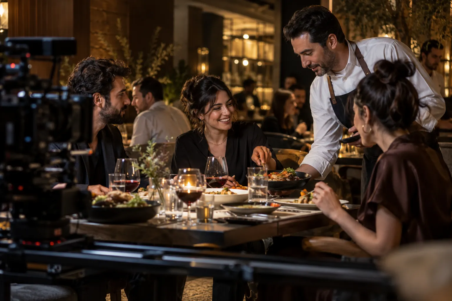 Modern restoran masasında yemek paylaşan arkadaşlar ve servis yapan garson; yanlarında kaydırma düzeneğine yerleştirilmiş sinema kamerası.